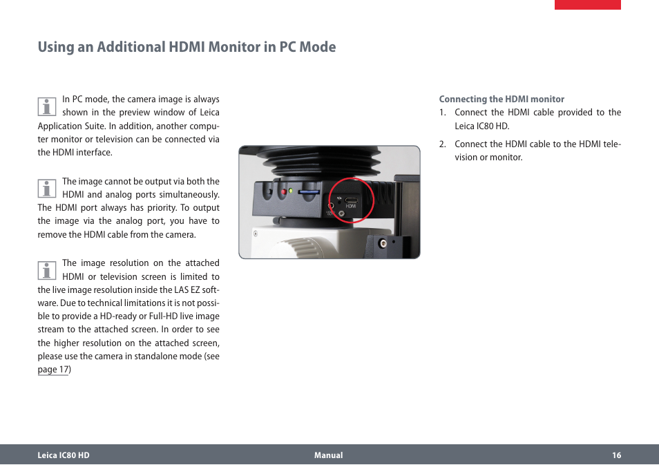 Using an additional hdmi monitor in pc mode, Usinganadditionalhdmimonitorinpcmode | Leica Biosystems IC80 HD User Manual | Page 16 / 42