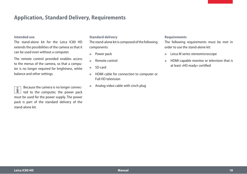 Application, standard delivery, requirements, Application,standarddelivery,requirements | Leica Biosystems IC80 HD User Manual | Page 18 / 42