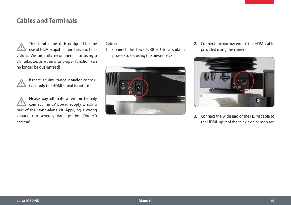 Cables and terminals, Cablesandterminals | Leica Biosystems IC80 HD User Manual | Page 19 / 42
