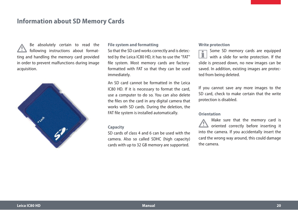 Information about sd memory cards, Informationaboutsdmemorycards | Leica Biosystems IC80 HD User Manual | Page 20 / 42