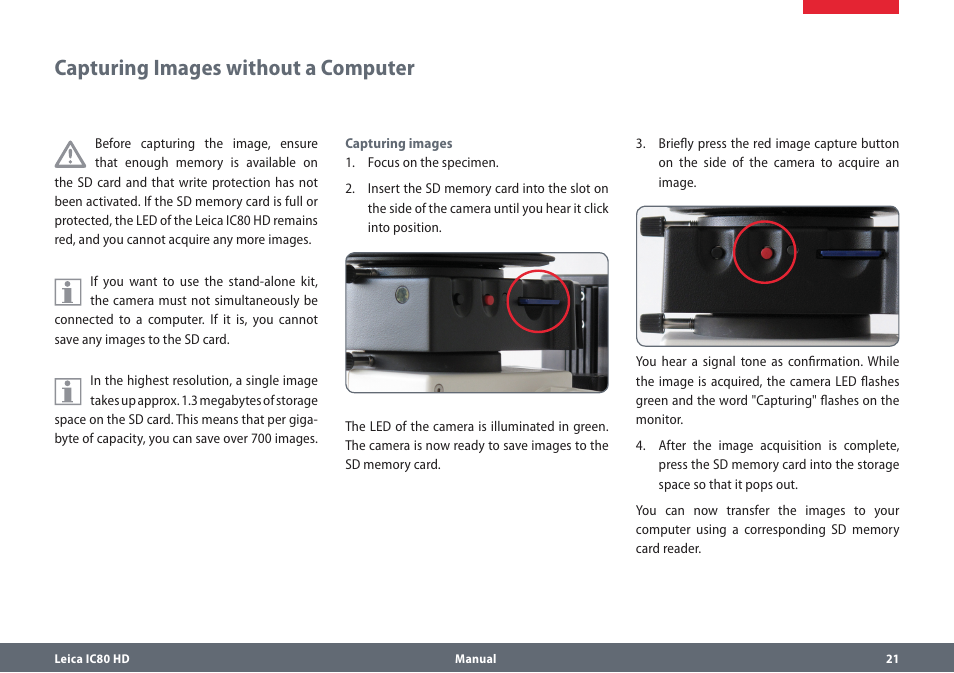 Capturing images without a computer, Capturingimageswithoutacomputer | Leica Biosystems IC80 HD User Manual | Page 21 / 42
