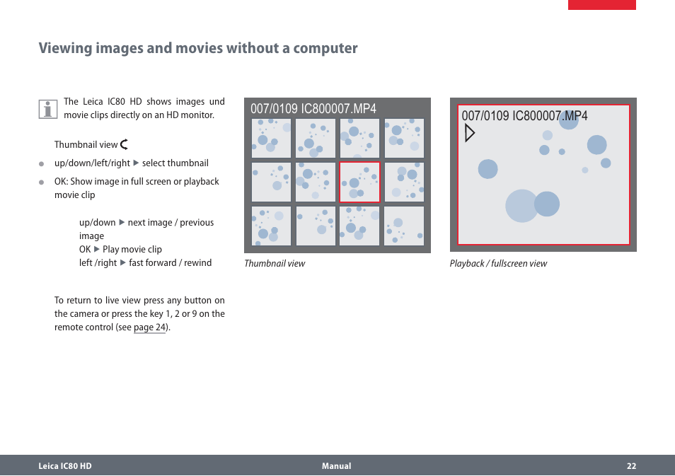 Viewing images without a computer, Viewingimagesandmovieswithoutacomputer, Viewing images and movies without a computer | Leica Biosystems IC80 HD User Manual | Page 22 / 42