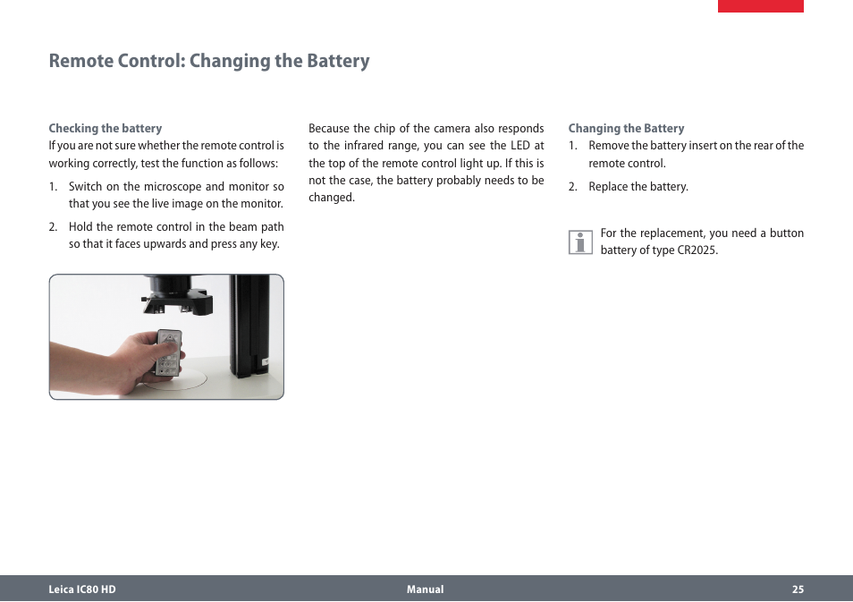 Remote control: changing the battery, Remotecontrol:changingthebattery | Leica Biosystems IC80 HD User Manual | Page 25 / 42