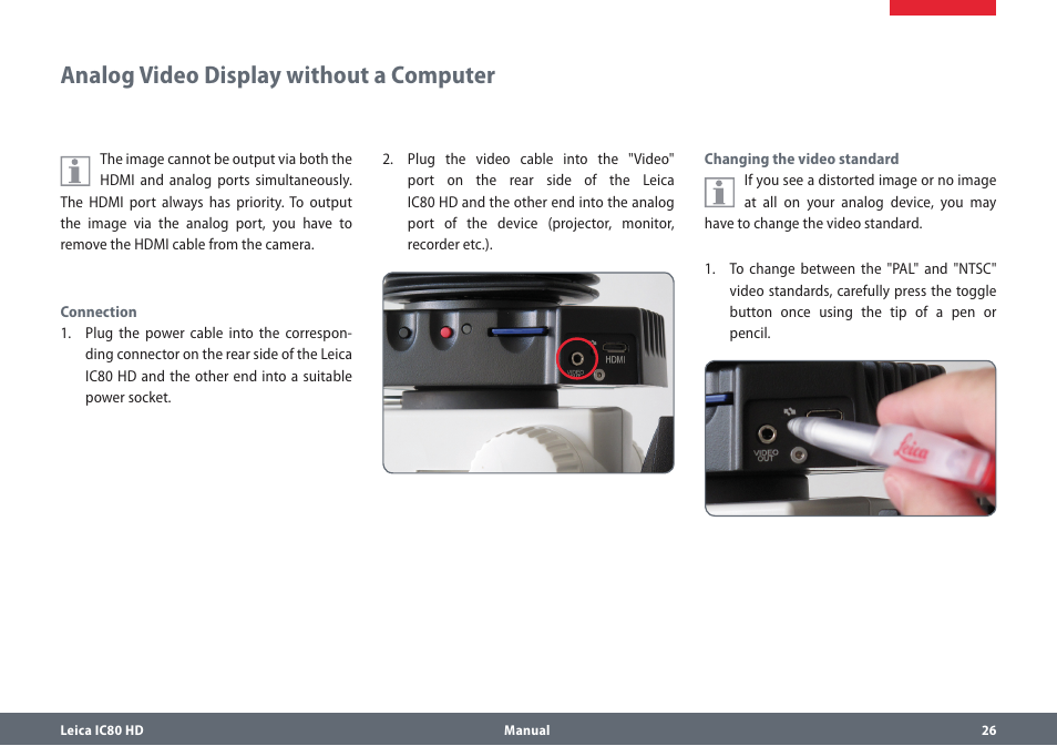 Analog video display without a computer, Analogvideodisplaywithoutacomputer | Leica Biosystems IC80 HD User Manual | Page 26 / 42