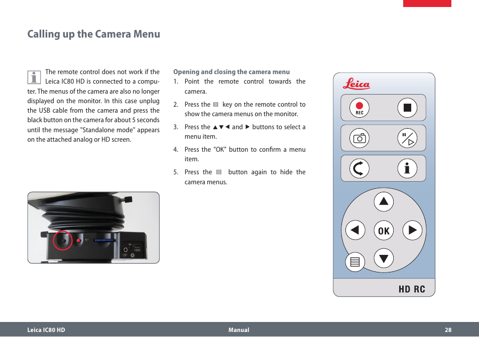 Calling up the camera menu, Callingupthecameramenu | Leica Biosystems IC80 HD User Manual | Page 28 / 42