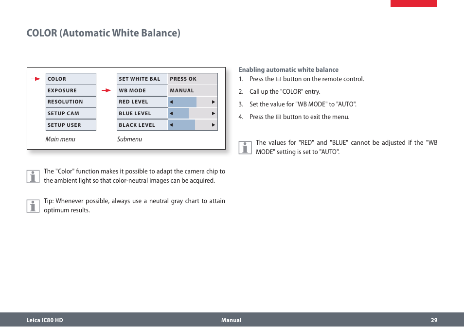 Color (automatic white balance), Color(automaticwhitebalance) | Leica Biosystems IC80 HD User Manual | Page 29 / 42
