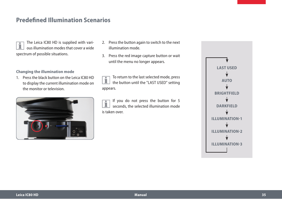 Predefined illumination scenarios, Predefinedilluminationscenarios | Leica Biosystems IC80 HD User Manual | Page 35 / 42