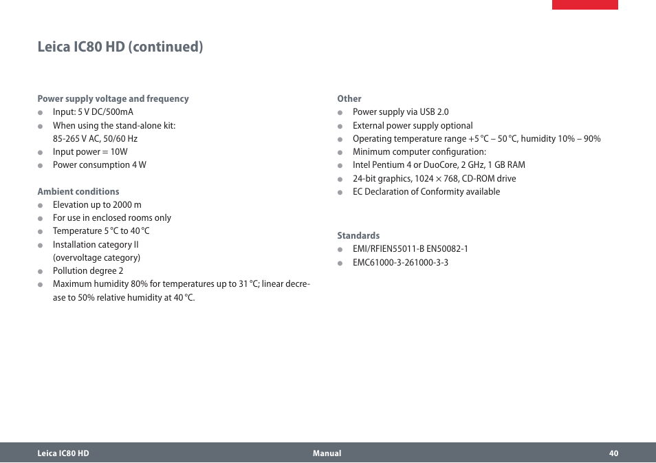 Leica ic80 hd (continued) | Leica Biosystems IC80 HD User Manual | Page 40 / 42