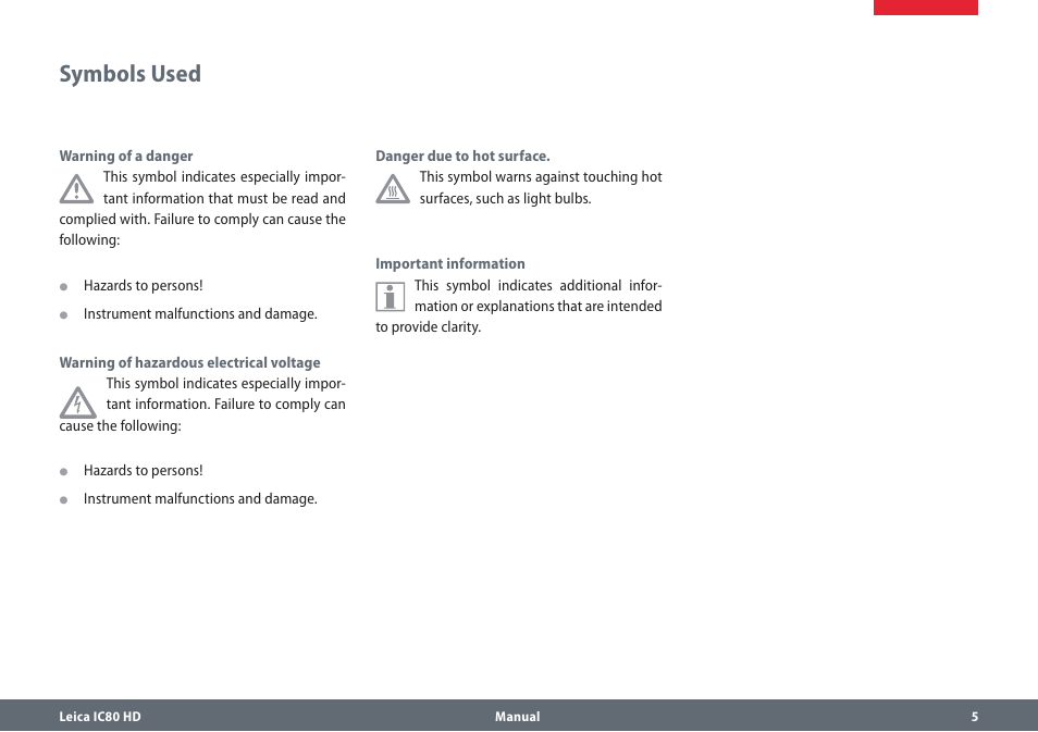 Symbols used | Leica Biosystems IC80 HD User Manual | Page 5 / 42