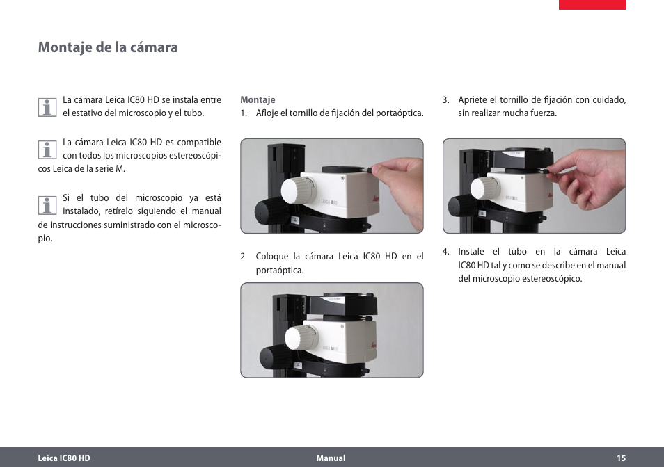 Montaje de la cámara | Leica Biosystems IC80 HD User Manual | Page 15 / 44
