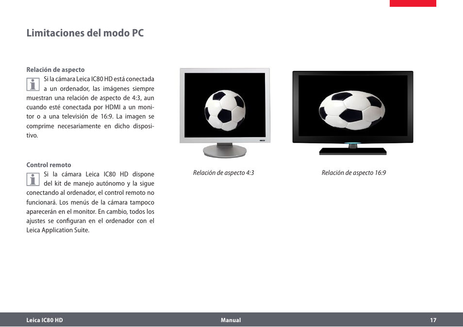 Limitaciones del modo pc | Leica Biosystems IC80 HD User Manual | Page 17 / 44