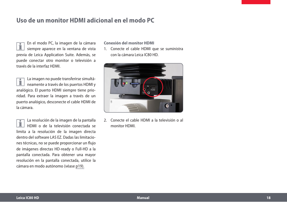 Uso de un monitor hdmi adicional en el modo pc | Leica Biosystems IC80 HD User Manual | Page 18 / 44