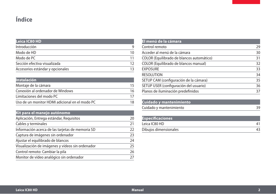 Índice | Leica Biosystems IC80 HD User Manual | Page 2 / 44