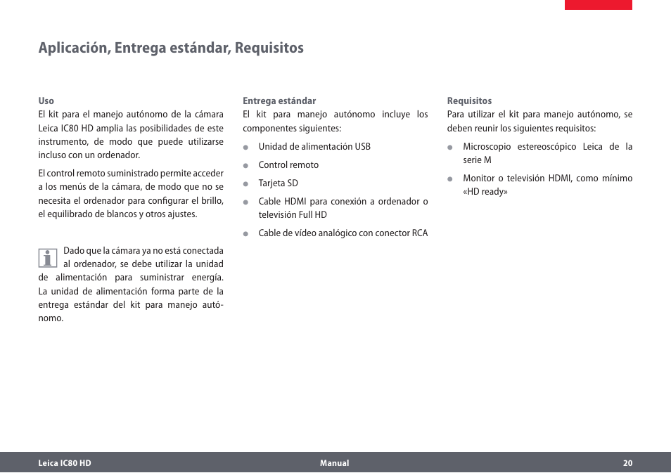 Aplicación, entrega estándar, requisitos | Leica Biosystems IC80 HD User Manual | Page 20 / 44