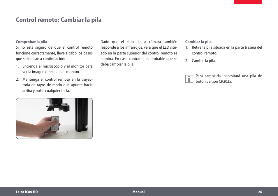 Control remoto: cambiar la pila | Leica Biosystems IC80 HD User Manual | Page 26 / 44