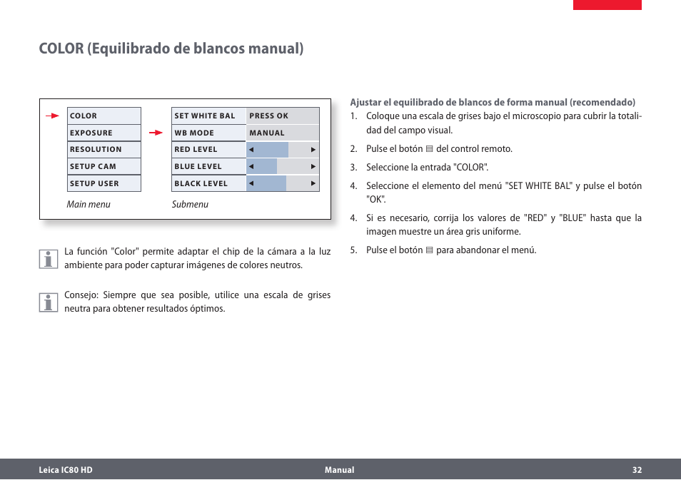 Color (equilibrado de blancos manual) | Leica Biosystems IC80 HD User Manual | Page 32 / 44