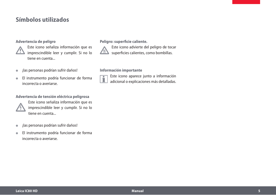 Símbolos utilizados | Leica Biosystems IC80 HD User Manual | Page 5 / 44