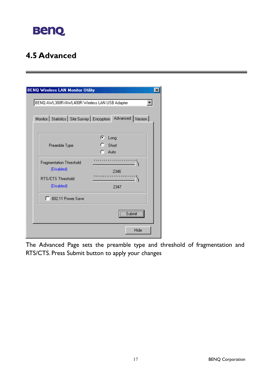 5 advanced | BenQ AWL300 User Manual | Page 21 / 22