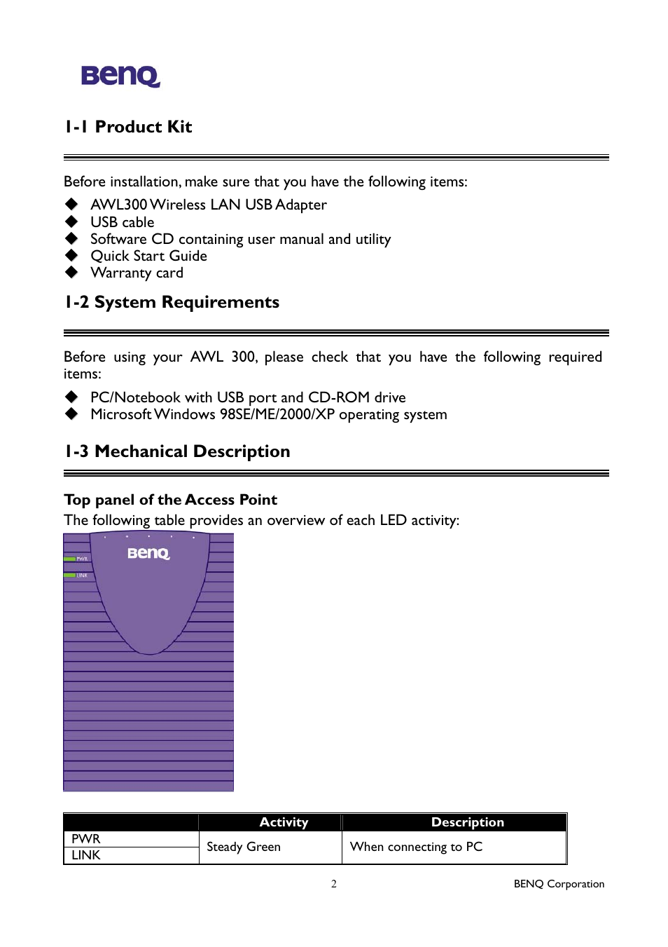 1 product kit, 2 system requirements, 3 mechanical description | BenQ AWL300 User Manual | Page 6 / 22