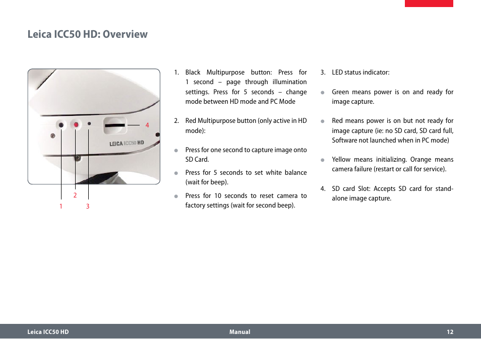 Leica icc50 hd: overview, Leicaicc50hd:overview | Leica Biosystems ICC50 HD User Manual | Page 12 / 44