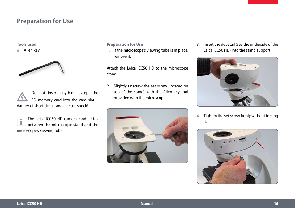 Preparation for use, Preparationforuse | Leica Biosystems ICC50 HD User Manual | Page 16 / 44