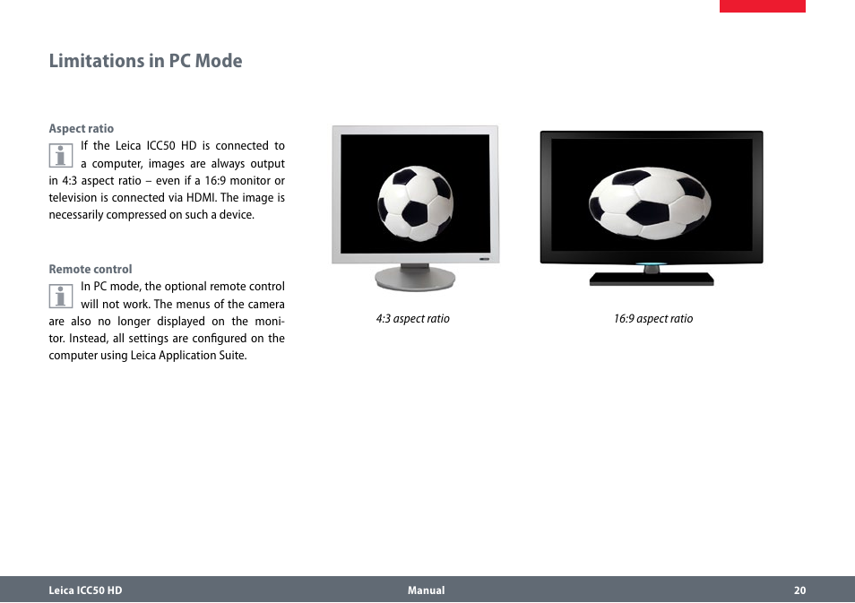 Limitations in pc mode, Limitationsinpcmode | Leica Biosystems ICC50 HD User Manual | Page 20 / 44