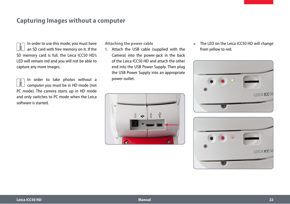 Capturing images without a computer, Capturingimageswithoutacomputer | Leica Biosystems ICC50 HD User Manual | Page 22 / 44