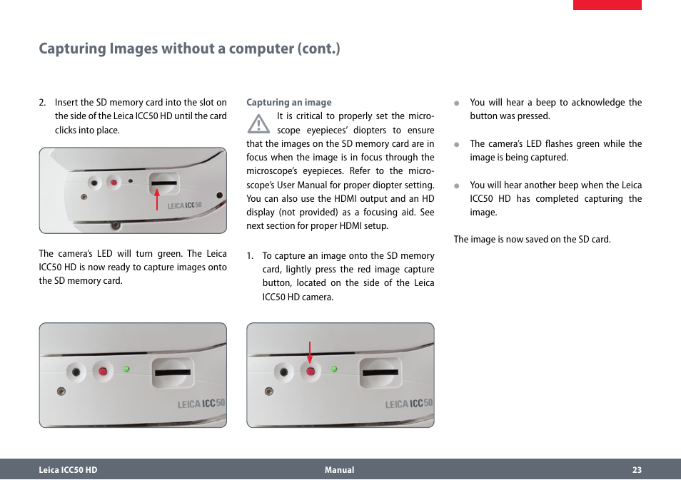 Capturing images without a computer (cont.), Capturingimageswithoutacomputer(cont.) | Leica Biosystems ICC50 HD User Manual | Page 23 / 44