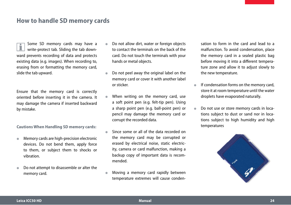 How to handle sd memory cards, Howtohandlesdmemorycards | Leica Biosystems ICC50 HD User Manual | Page 24 / 44