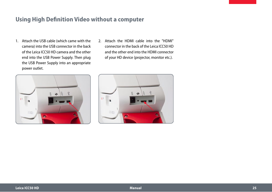 Using high definition video without a computer, Usinghighdefinitionvideowithoutacomputer | Leica Biosystems ICC50 HD User Manual | Page 25 / 44