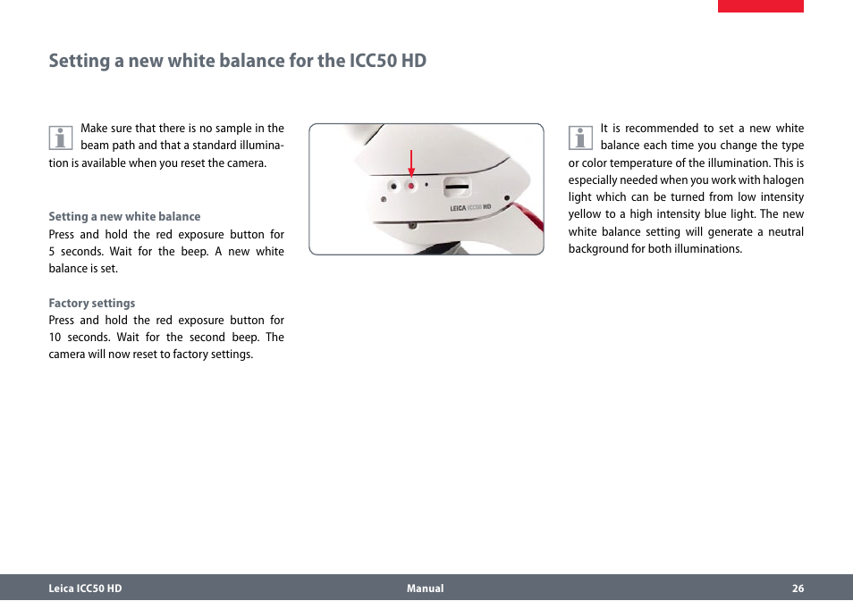 Setting a new white balance for the icc50 hd, Settinganewwhitebalancefortheicc50hd | Leica Biosystems ICC50 HD User Manual | Page 26 / 44