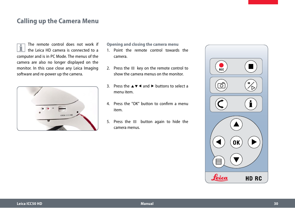 Calling up the camera menu, Callingupthecameramenu | Leica Biosystems ICC50 HD User Manual | Page 30 / 44