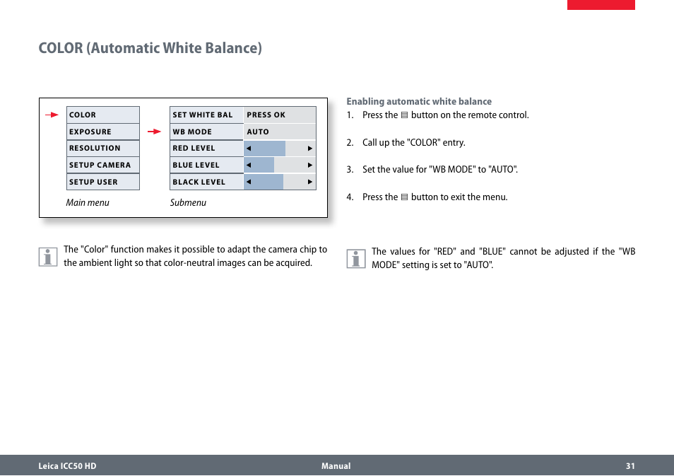 Color (automatic white balance), Color(automaticwhitebalance) | Leica Biosystems ICC50 HD User Manual | Page 31 / 44