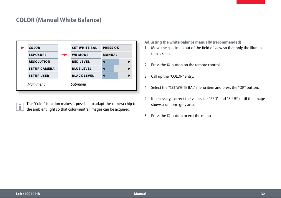 Color (manual white balance), Color(manualwhitebalance) | Leica Biosystems ICC50 HD User Manual | Page 32 / 44