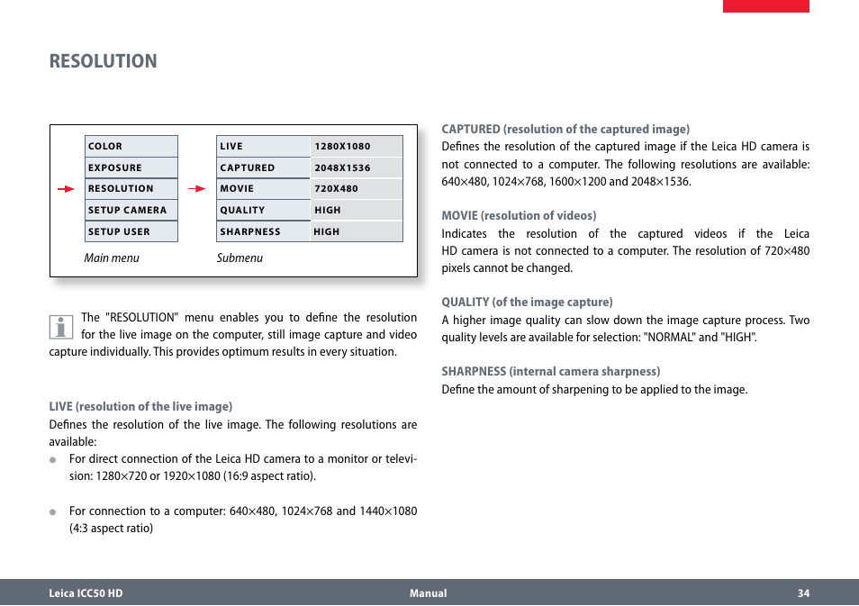 Resolution | Leica Biosystems ICC50 HD User Manual | Page 34 / 44