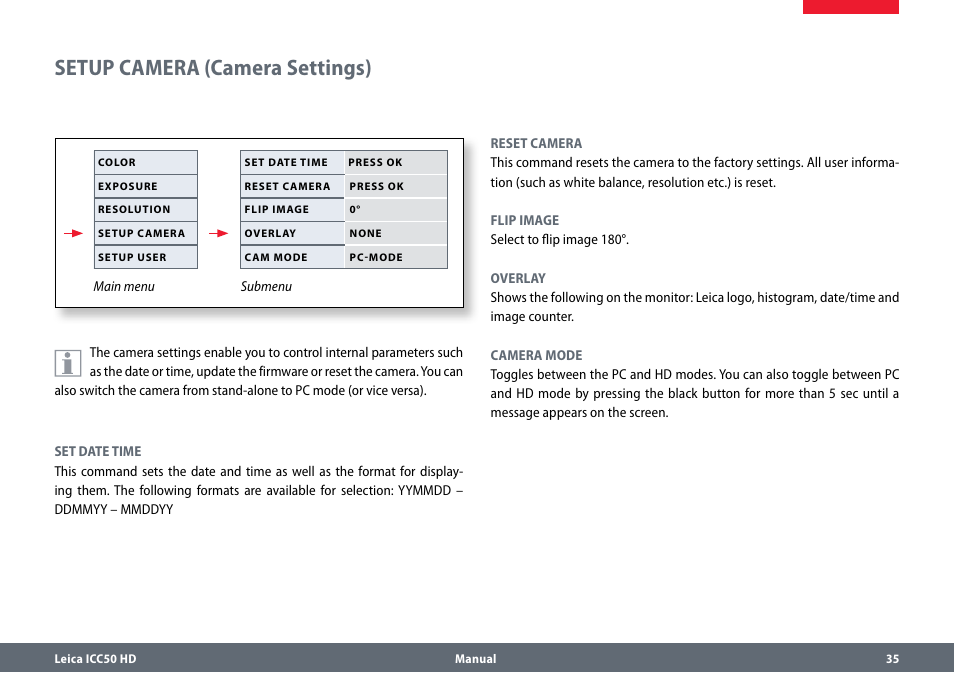 Setup cam (camera settings), Setupcam(camerasettings), Setup camera (camera settings) | Leica Biosystems ICC50 HD User Manual | Page 35 / 44
