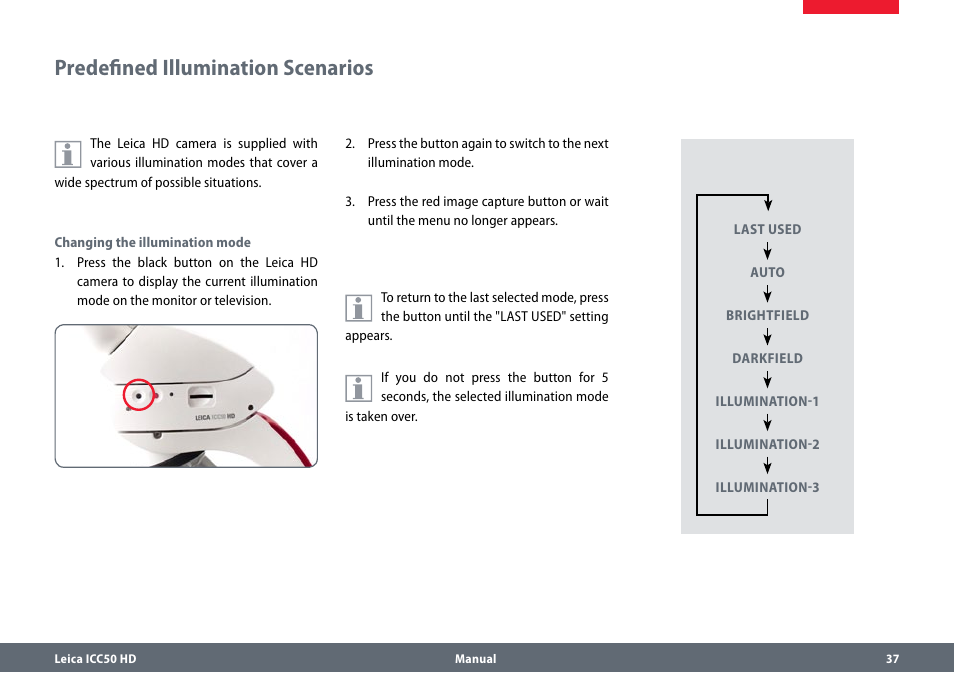 Predefined illumination scenarios, Predefinedilluminationscenarios | Leica Biosystems ICC50 HD User Manual | Page 37 / 44