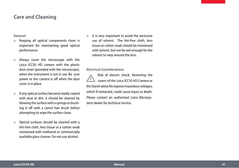 Care and cleaning, Careandcleaning | Leica Biosystems ICC50 HD User Manual | Page 41 / 44