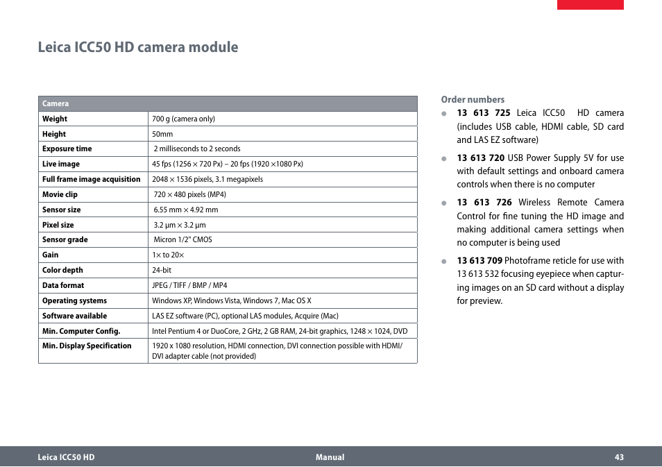 Leica icc50 hd camera module, Leicaicc50hdcameramodule | Leica Biosystems ICC50 HD User Manual | Page 43 / 44