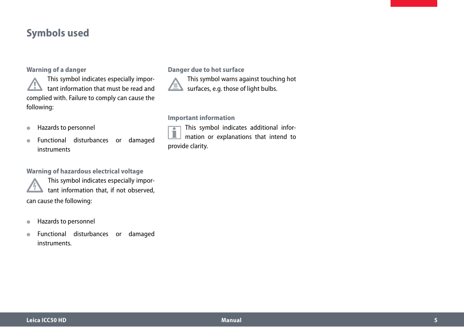 Symbols used | Leica Biosystems ICC50 HD User Manual | Page 5 / 44