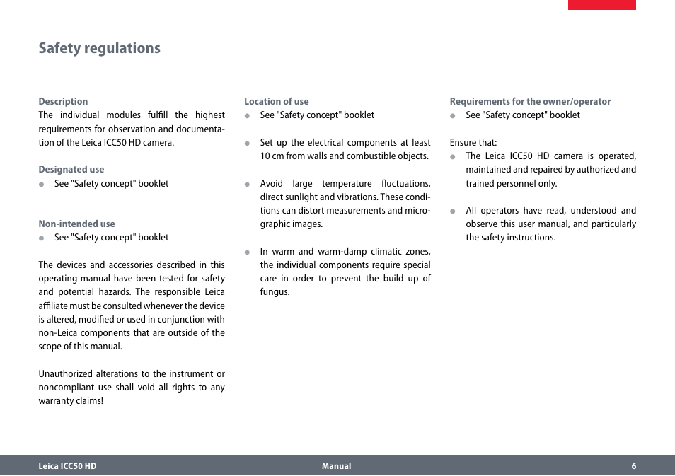 Safety regulations | Leica Biosystems ICC50 HD User Manual | Page 6 / 44