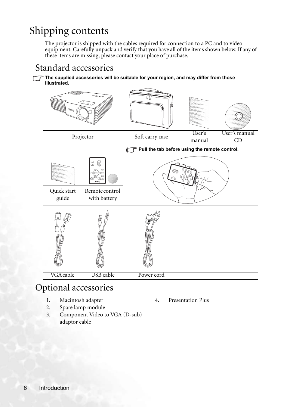 Shipping contents, Standard accessories, Optional accessories | Standard accessories optional accessories | BenQ CP220 User Manual | Page 12 / 55