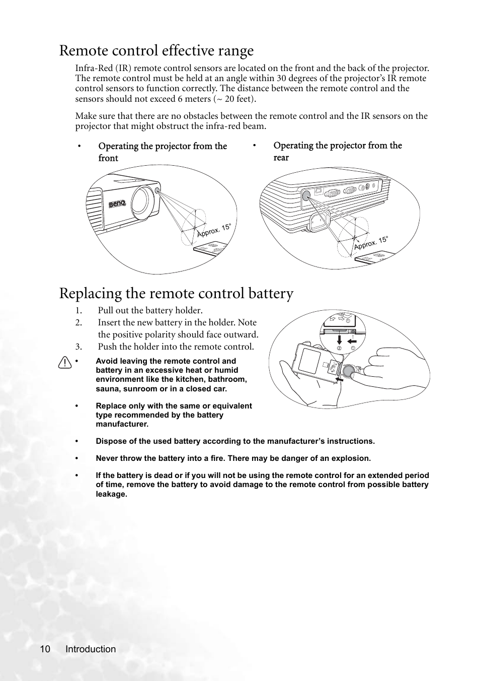 Remote control effective range, Replacing the remote control battery | BenQ CP220 User Manual | Page 16 / 55