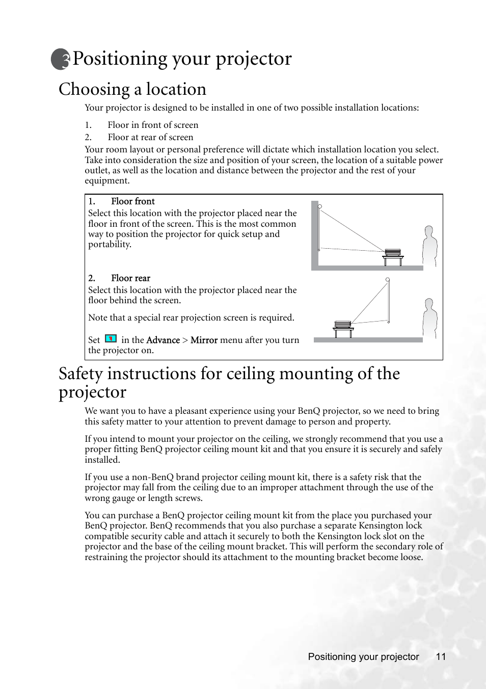 Positioning your projector, Choosing a location | BenQ CP220 User Manual | Page 17 / 55