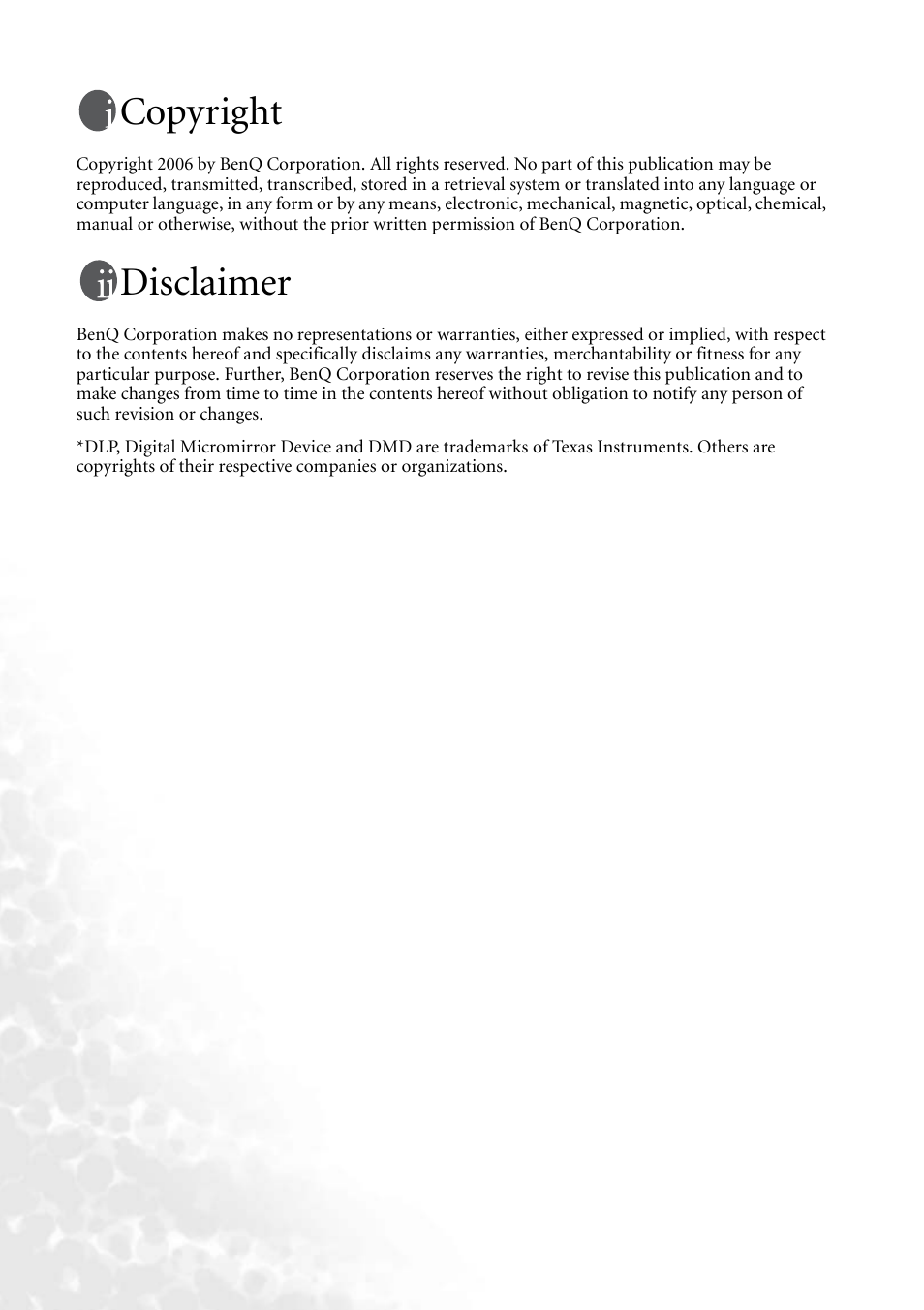 Copyright, Disclaimer | BenQ CP220 User Manual | Page 2 / 55