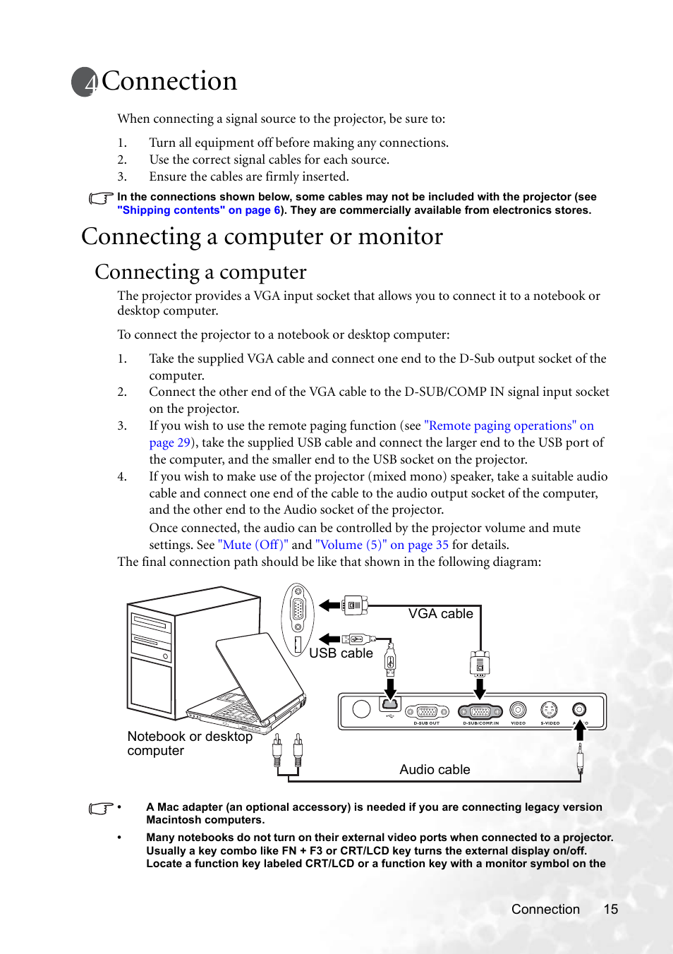 Connection, Connecting a computer or monitor, Connecting a computer | BenQ CP220 User Manual | Page 21 / 55