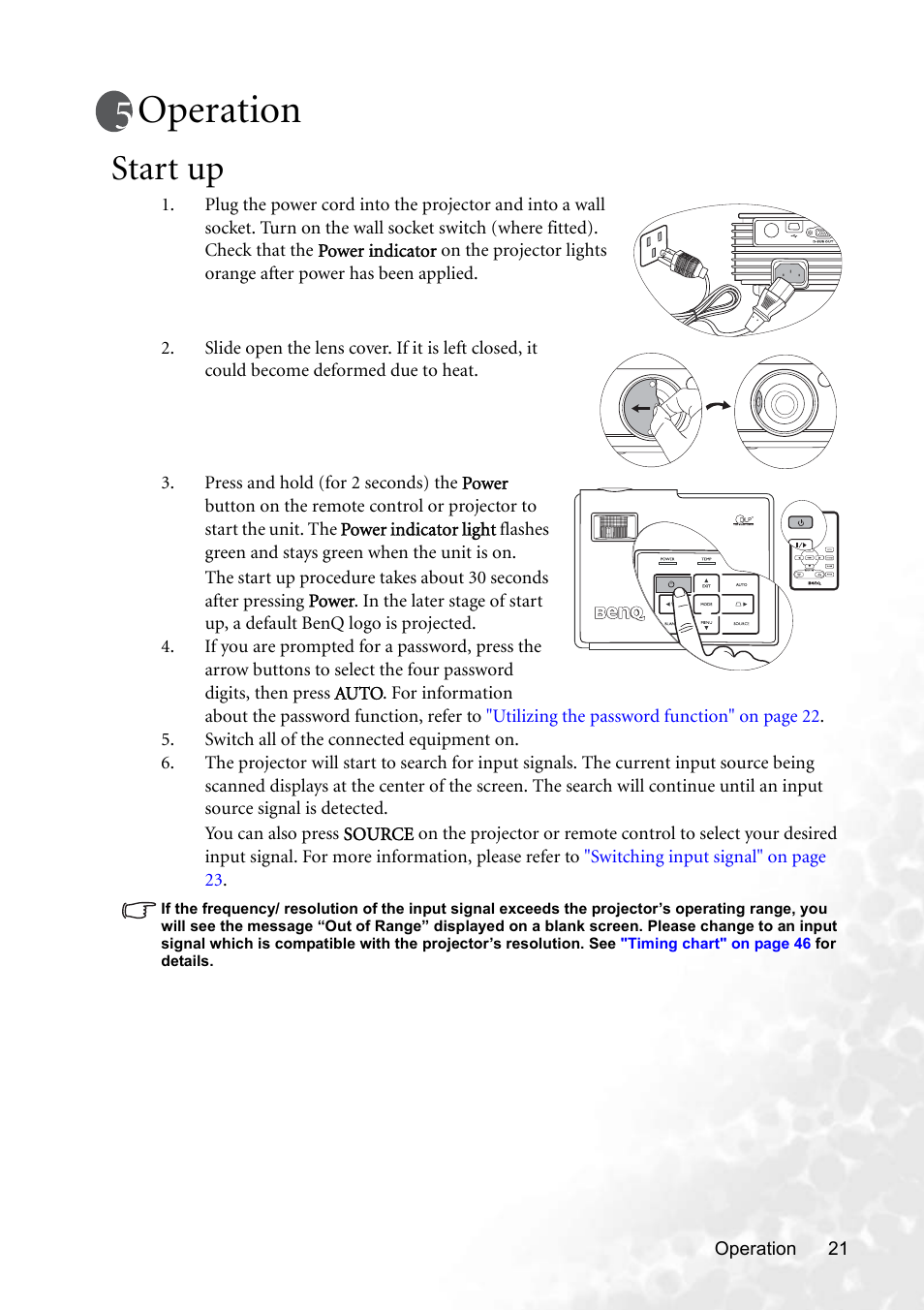 Operation, Start up | BenQ CP220 User Manual | Page 27 / 55