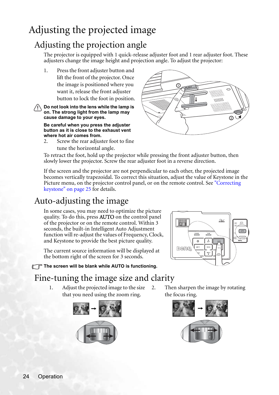 Adjusting the projected image, Adjusting the projection angle, Auto-adjusting the image | Fine-tuning the image size and clarity, Fine-tuning the image size and, Auto-adjusting the | BenQ CP220 User Manual | Page 30 / 55