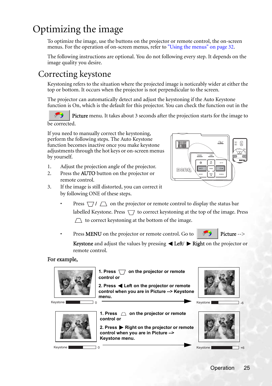 Optimizing the image, Correcting keystone, Correcting keystone" on | BenQ CP220 User Manual | Page 31 / 55