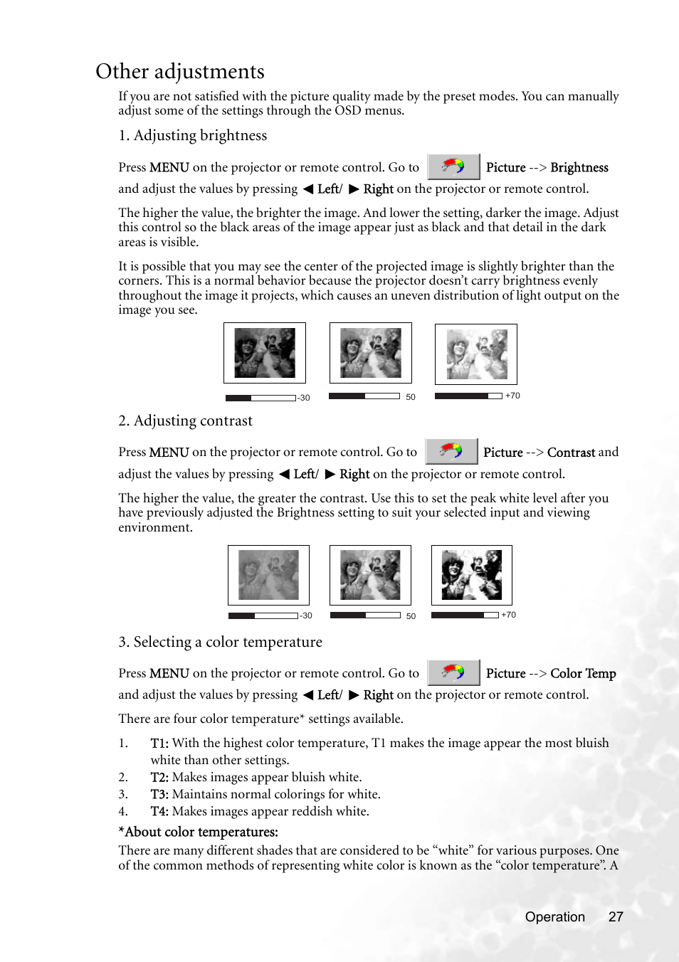 Other adjustments, Adjusting brightness, Adjusting contrast | Selecting a color temperature | BenQ CP220 User Manual | Page 33 / 55